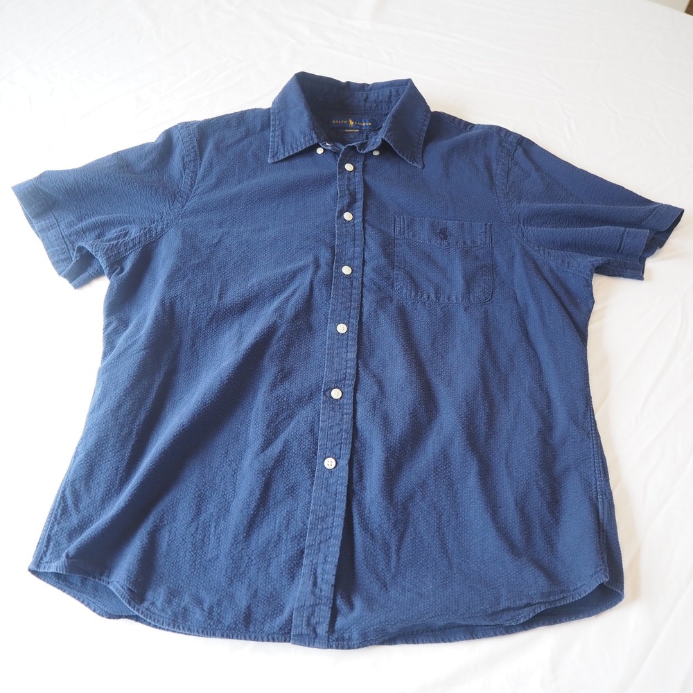 Ralph Lauren Navy Seersucker Camp Shirt Size Large Short Sleeve Button Down